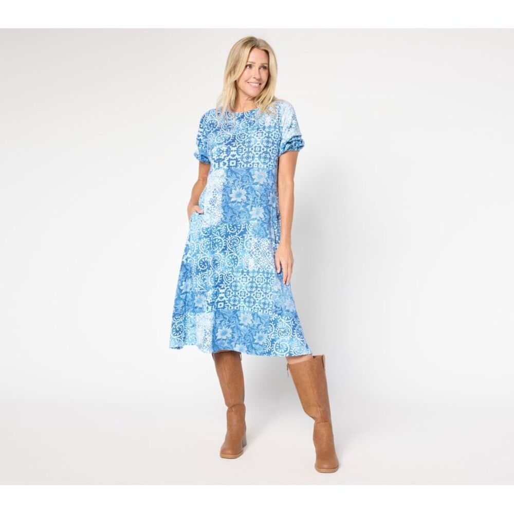 Liberare Women's Dress Sz L Cotton Patchwork Print Midi Blue A700896
